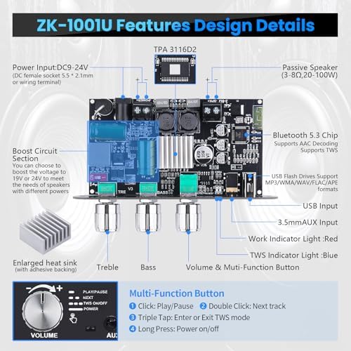 ARRAROWN True Wireless Stereo power amplifier module pairing layout for dual speaker setup