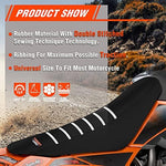 Side angle view of black and white fewfuss motocross seat cover