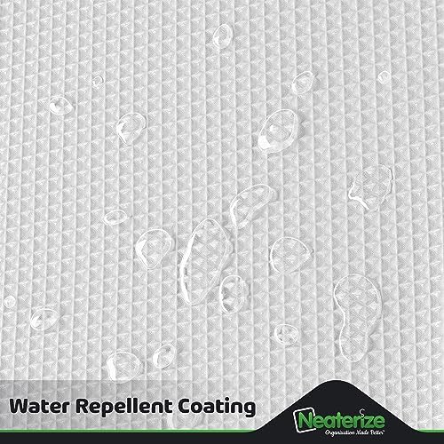 Full length view of the 72x72 inch white waffle weave bathroom curtain draped neatly next to a tub.