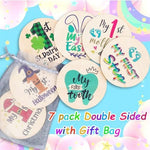 Close up of Roranic double sided wooden milestone disc for baby photos