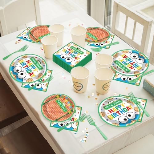 Close up of vibrant cartoon brick wall design on disposable party plates