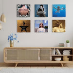 Clear acrylic floating record holder mounted on living room wall with singles