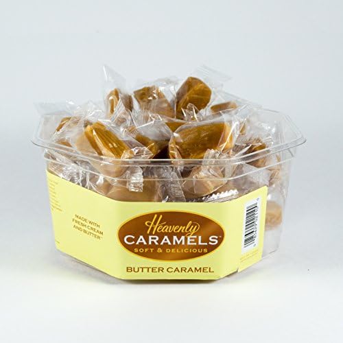 J Morgan Confections Heavenly Caramels Butter Flavor tub packaging showcasing artisan gourmet candies.