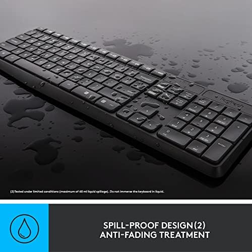 Logitech MK235 spill resistant keyboard angled view demonstrating durable build quality