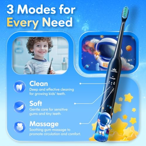 DADA-TECH rechargeable toothbrush for kids highlighting the waterproof power button and three custom mode indicators
