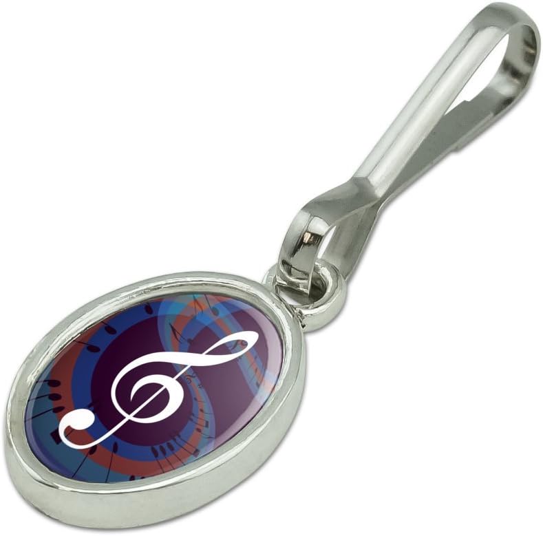 Antiqued oval charm zipper pull attached to clothing zipper