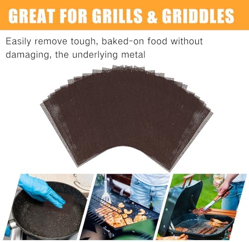 Flat top stainless steel griddle being cleaned with abrasive mesh pad