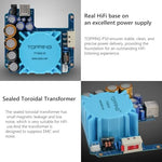 Topping P50 retail packaging box contents including high fidelity power cables and connection accessories
