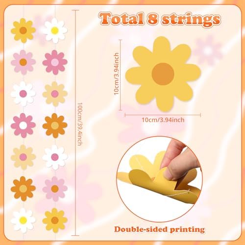 Close-up view of the double-sided printed white flower cutouts on the hippie hanging banner.