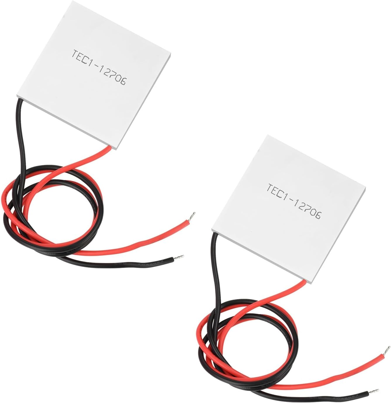 Aideepen Peltier Module TEC1-12706 thermoelectric cooler front view displaying printed specifications on white ceramic plate.