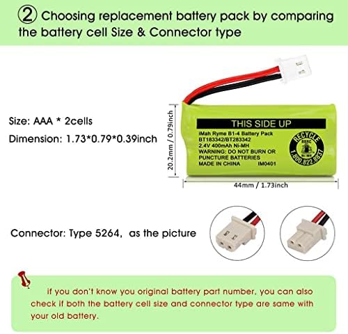 Technical specifications label on the iMah battery pack showing 2.4V and 400mAh technical details clearly.
