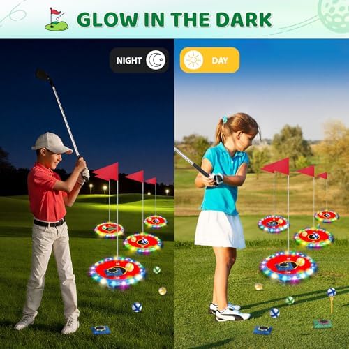 Close up of illuminated LED golf targets at night
