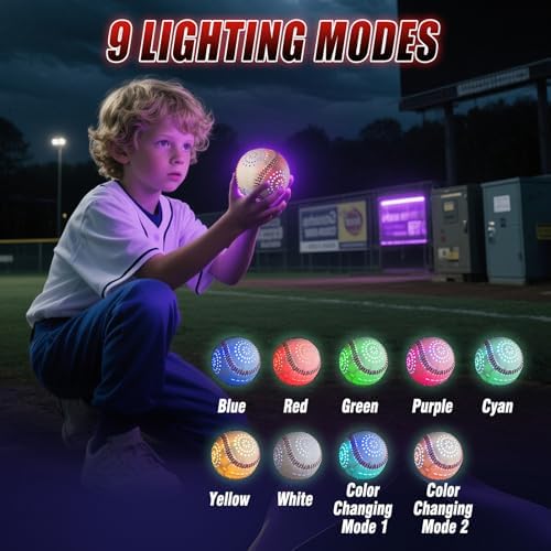 Side view of Zaceac light-up baseball featuring hand-stitched details.