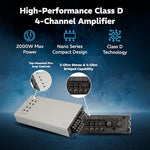Soundstream 2000W peak power voice amplifier side panel illustrating input controls and selectable crossover adjustments.