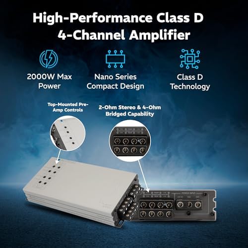 Soundstream 2000W peak power voice amplifier side panel illustrating input controls and selectable crossover adjustments.