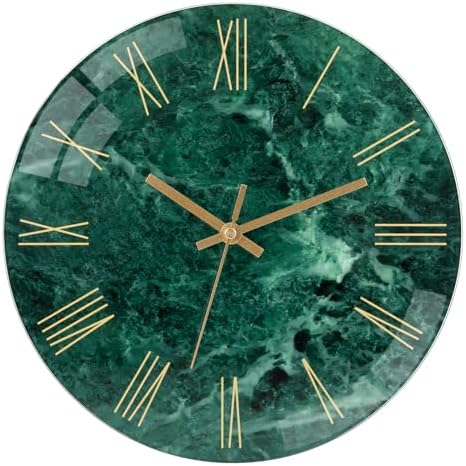 Lumuasky Tempered Glass Modern Wall Clock, Marble Design 12 Inch Silent Non-Ticking Quartz Battery Operated Decorative Round Easy to Read Clock for Home Decor (Emerald, Roman Numerals) - Image 2