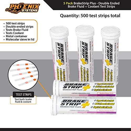 Double ended automotive fluid diagnostic strip showing color change indicator ends next to a reference chart.