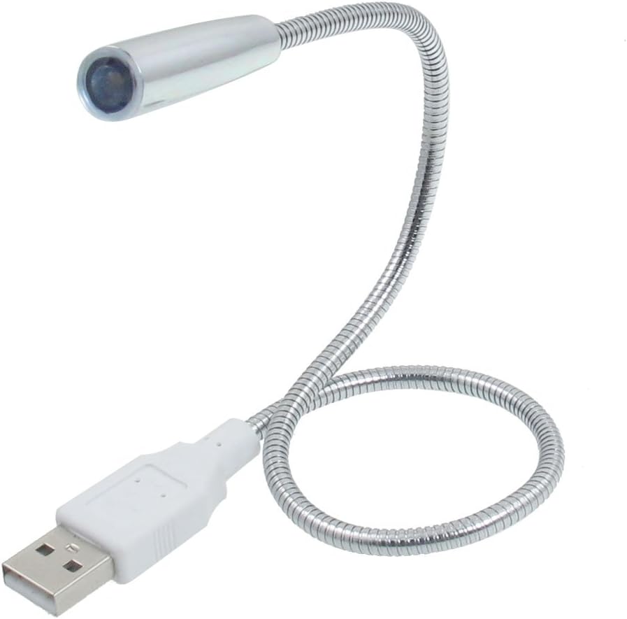 Prav Laptop PC Flexible Gooseneck Mini LED Lamp in silver tone, front view.