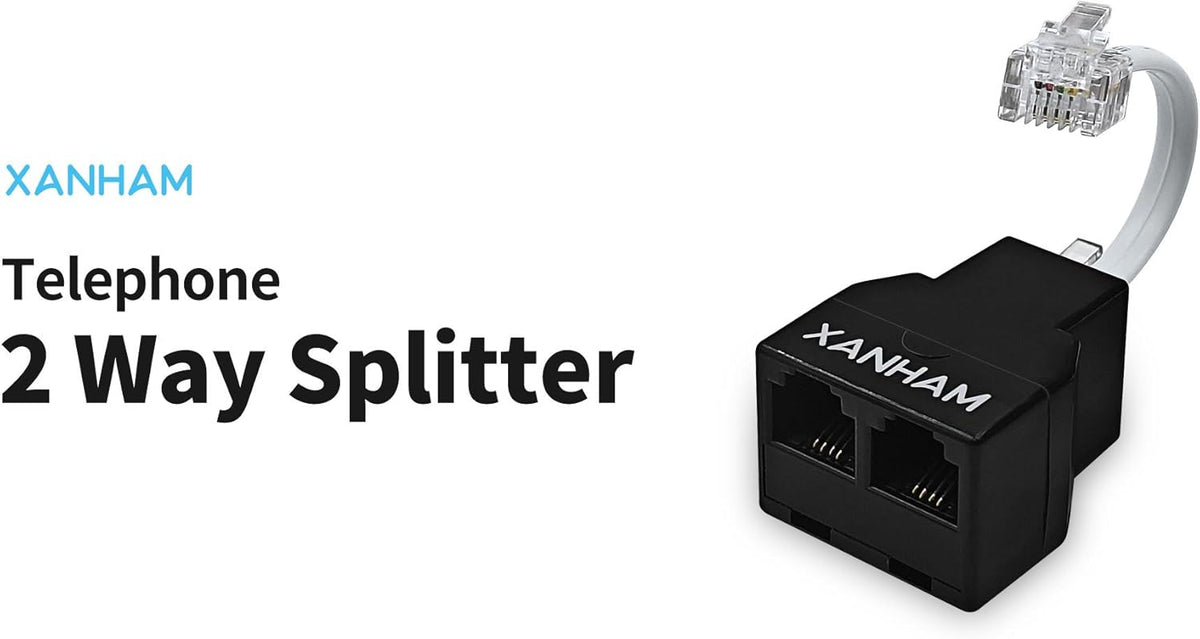 Full retail presentation of the XANHAM RJ11 dual device landline connector unit