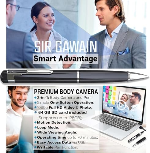 SIRGAWAIN high definition spy camera pen clipped into a shirt pocket demonstrating its portable and discreet use case.