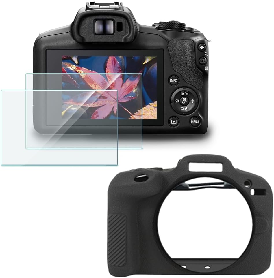 HUADU camera protection bundle showing front view of screen protector glass pack and black silicone body case