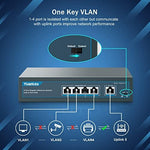 YuanLey gigabit hardware switch emphasizing the four PoE plus ports and single uplink port connection layout.