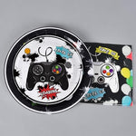 Close up of Wernnsai video game party plates with controller graphics