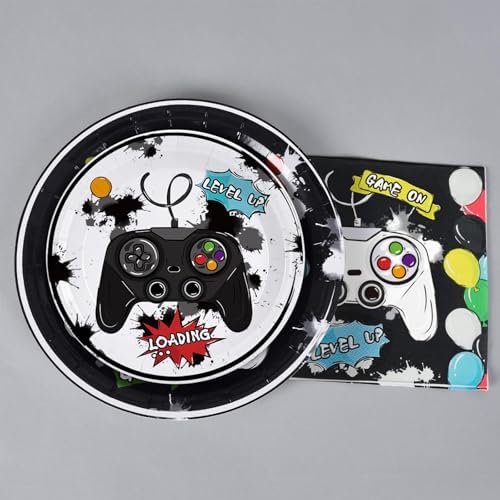 Close up of Wernnsai video game party plates with controller graphics