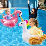 Top view of unicorn and flamingo swim rings for summer fun.