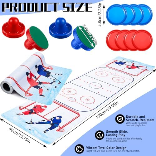 Red and blue air hockey pushers with protective felt pads for table safety.