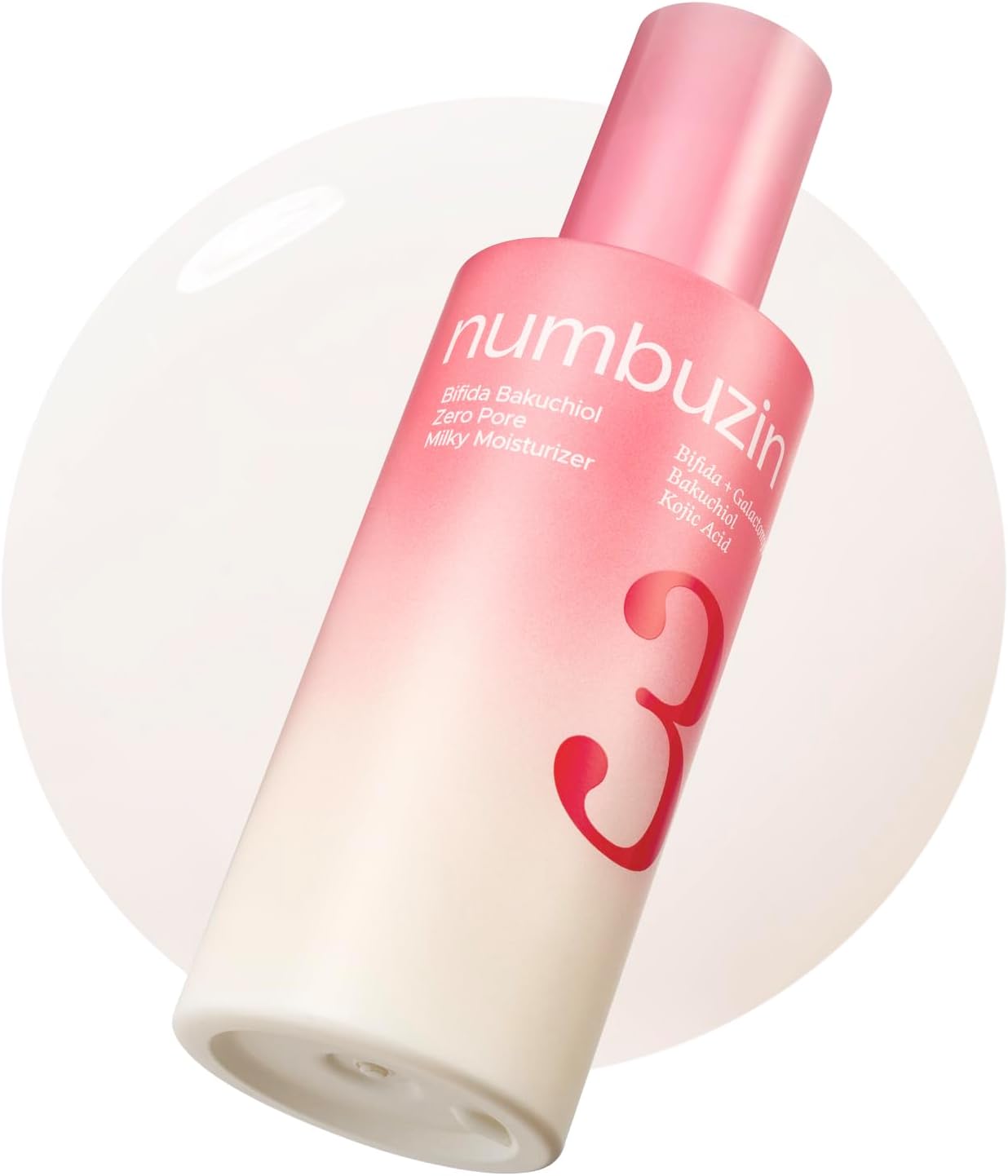 Numbuzin Number Three Bifida Bakuchiol Pore Moisturizer front view of the pink and white gradient bottle.