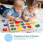 Toddler educational wooden peg puzzle set featuring ten distinct basic and novelty shapes.