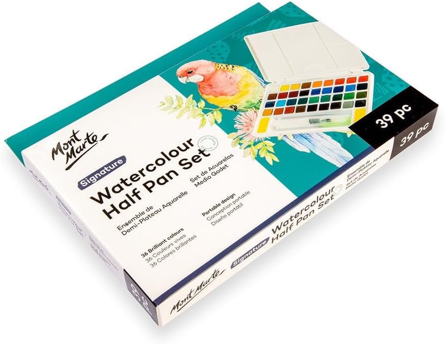 Mont Marte Watercolour Set open tin showing 36 pans and mixing wells