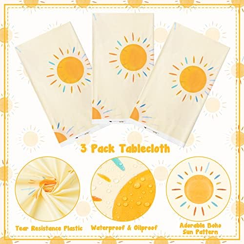 Three pieces of disposable rectangular plastic table covers spread out on party tables