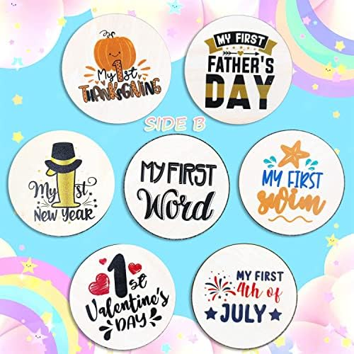 Seven pack of baby milestone wooden signs with organza gift bag