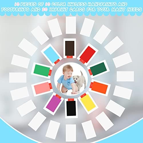 Assorted ten colors of baby safe clean touch ink stamp pads laid out with archival imprint cards.