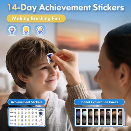 DADA-TECH children power toothbrush set alongside the space planet exploration cards and motivational habit formation tools