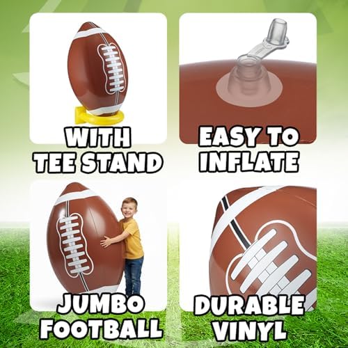 Giant blow up football toy resting on its stable kicking tee in a backyard.