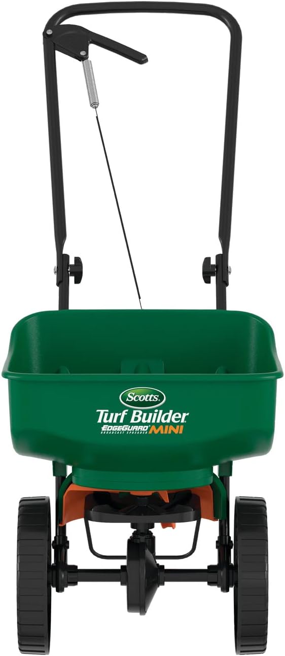Scotts Turf Builder EdgeGuard Mini Broadcast Spreader front view equipment
