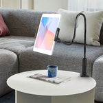 Selfdee flexible long arm mount showing stability configuration shaped into a loop with a ten inch tablet attached