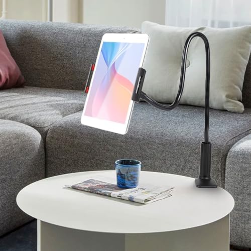 Selfdee flexible long arm mount showing stability configuration shaped into a loop with a ten inch tablet attached