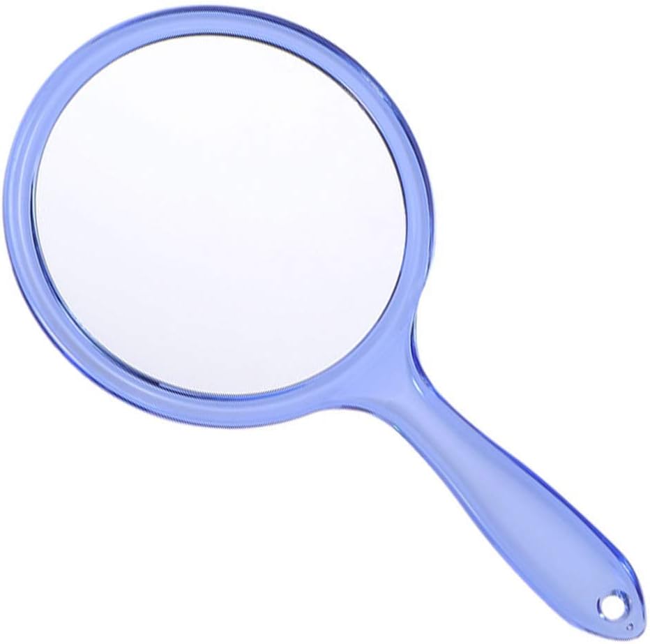 TOPYHL makeup hand mirror front view showcasing the blue frame and clear reflective glass.