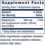 Close up of the supplement facts label on the back of Life Extension Magnesium Caps showing oxide citrate and succinate forms.