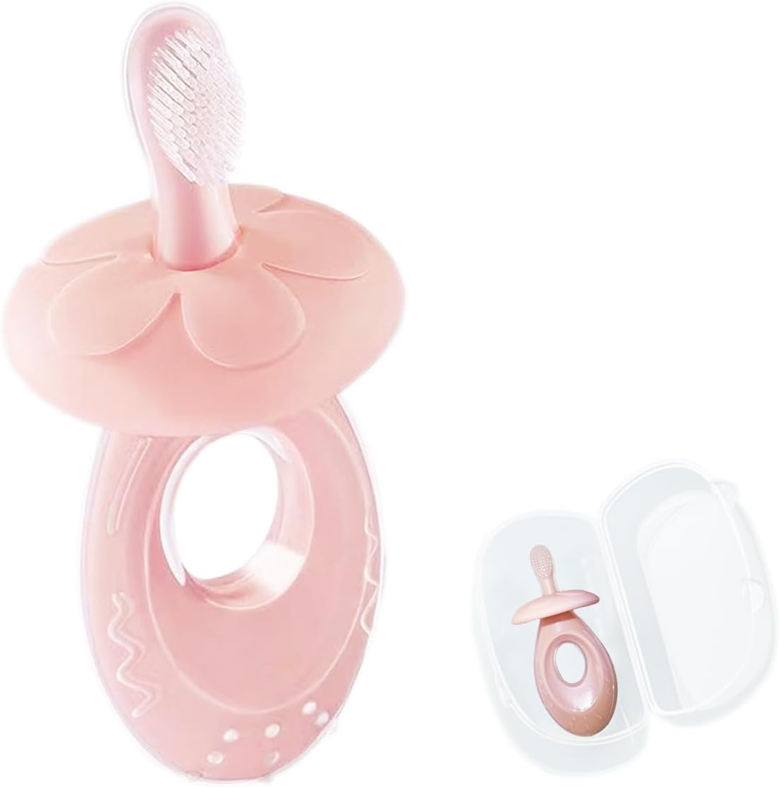 Mmmon silicone baby toothbrush and teether front view with safety shield.