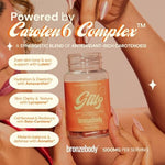 Bronzebody Glitz vegan tanning supplement bottle on a neutral background