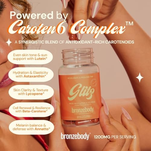 Bronzebody Glitz vegan tanning supplement bottle on a neutral background