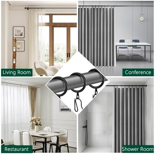Water resistant Dpyrrhic black metal rings supporting a heavy luxury shower curtain panel in a modern bathroom setup.