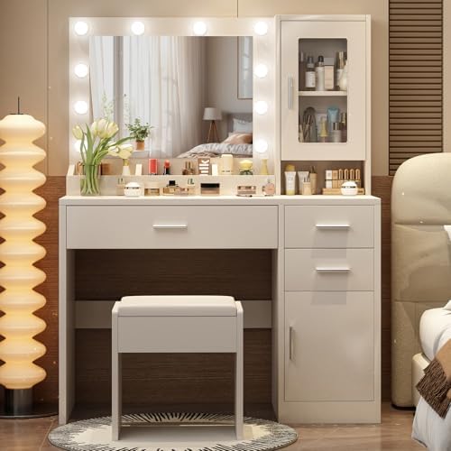 ENDYOE white vanity desk with three color lighting modes illuminated in a modern bedroom.