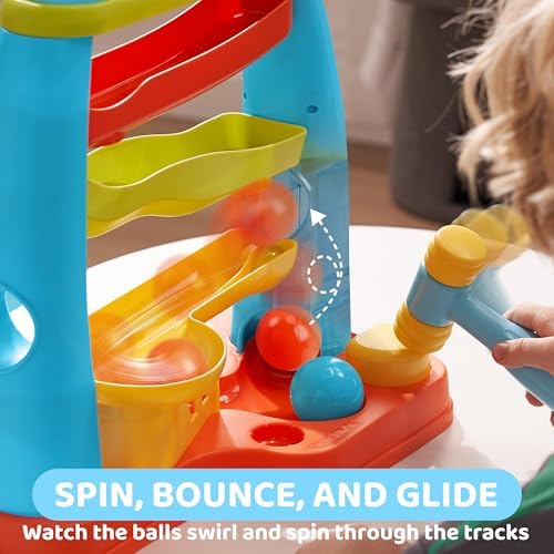 Montessori-inspired pounding toy setup highlighting the easy-grip hammer and smooth rolling tracks