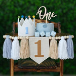 Blue high chair banner for baby boy first birthday party